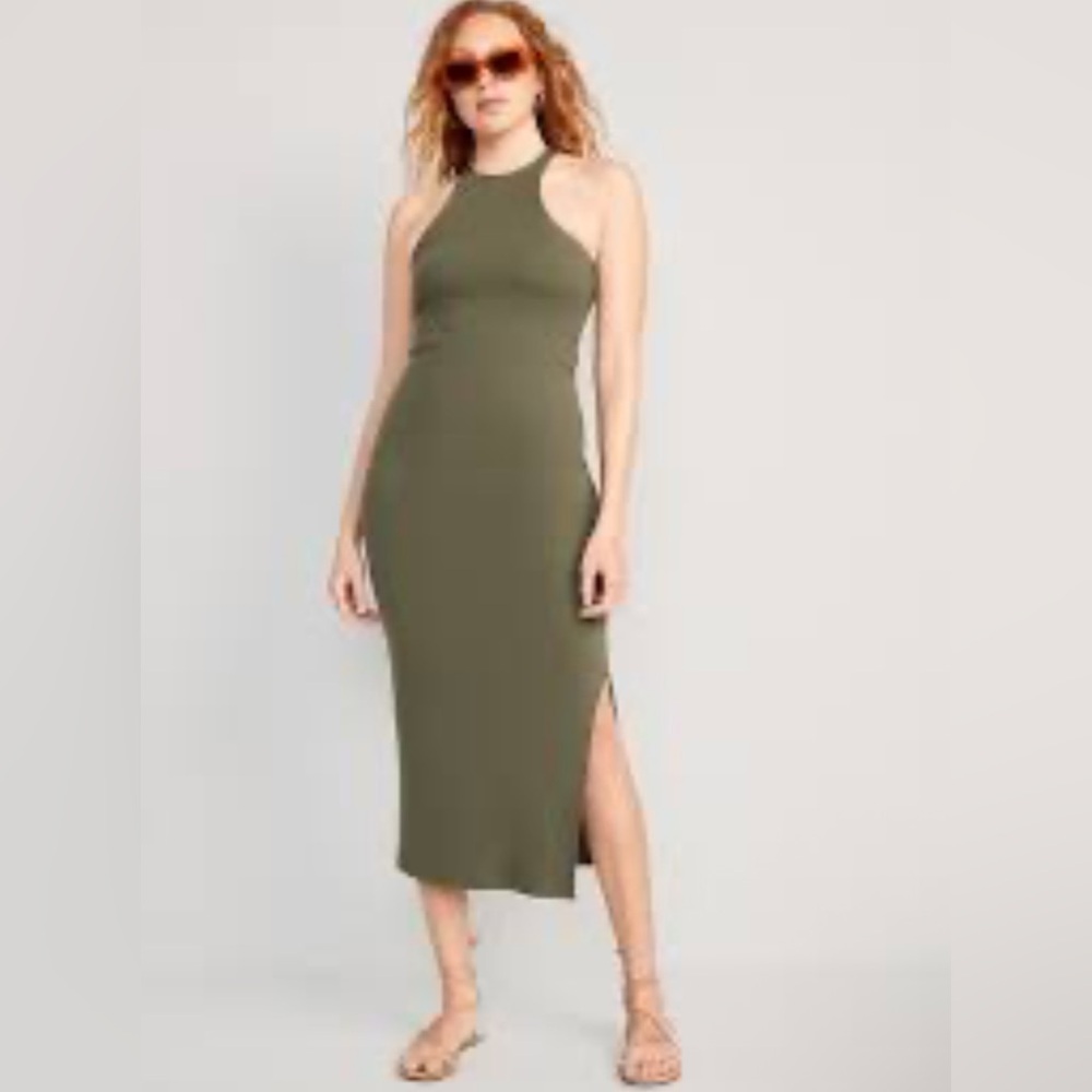 Fitted High-Neck Rib-Knit Maxi Dress